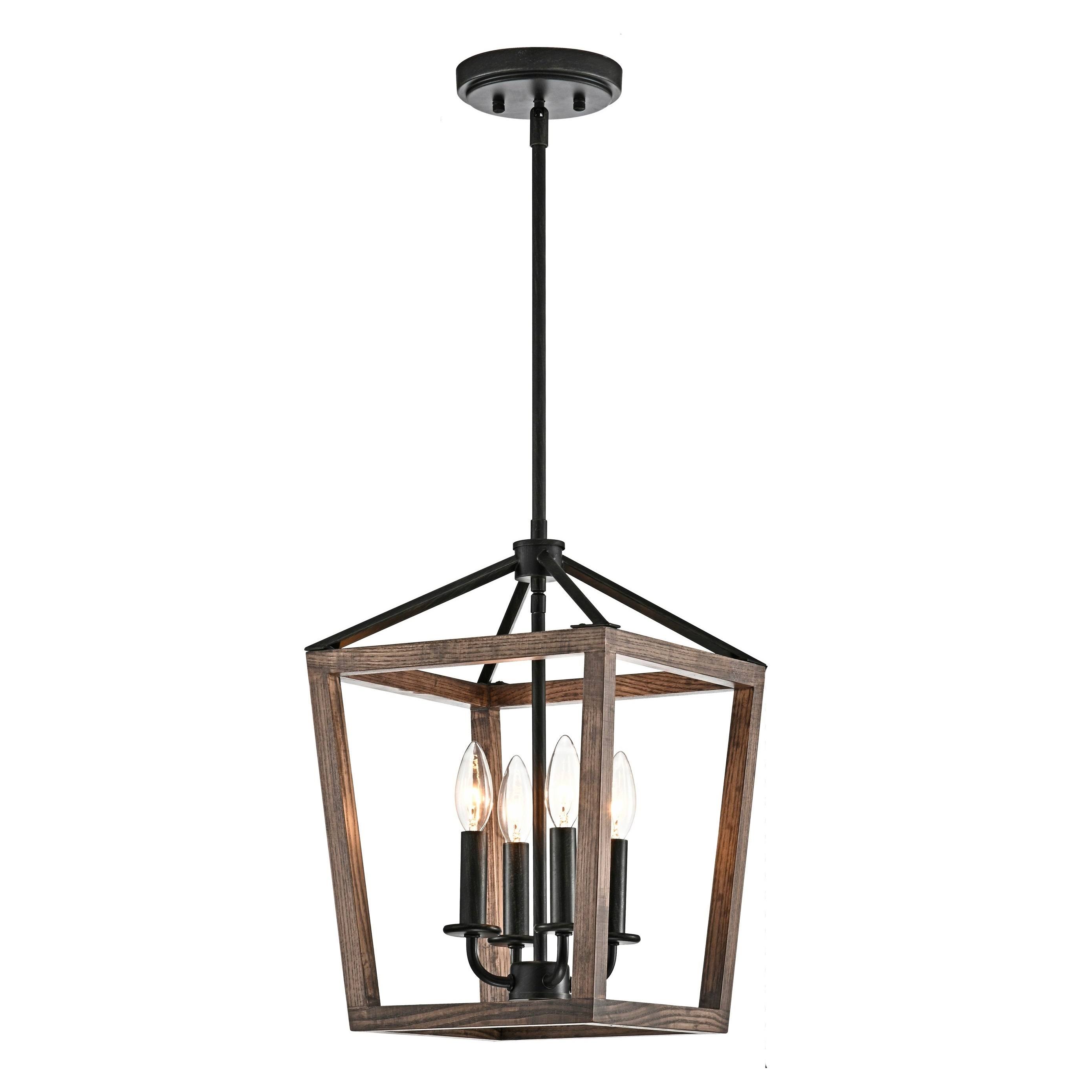 The Gray Barn 4Light Antique Black Iron and Wood Cage Chandelier WXF02