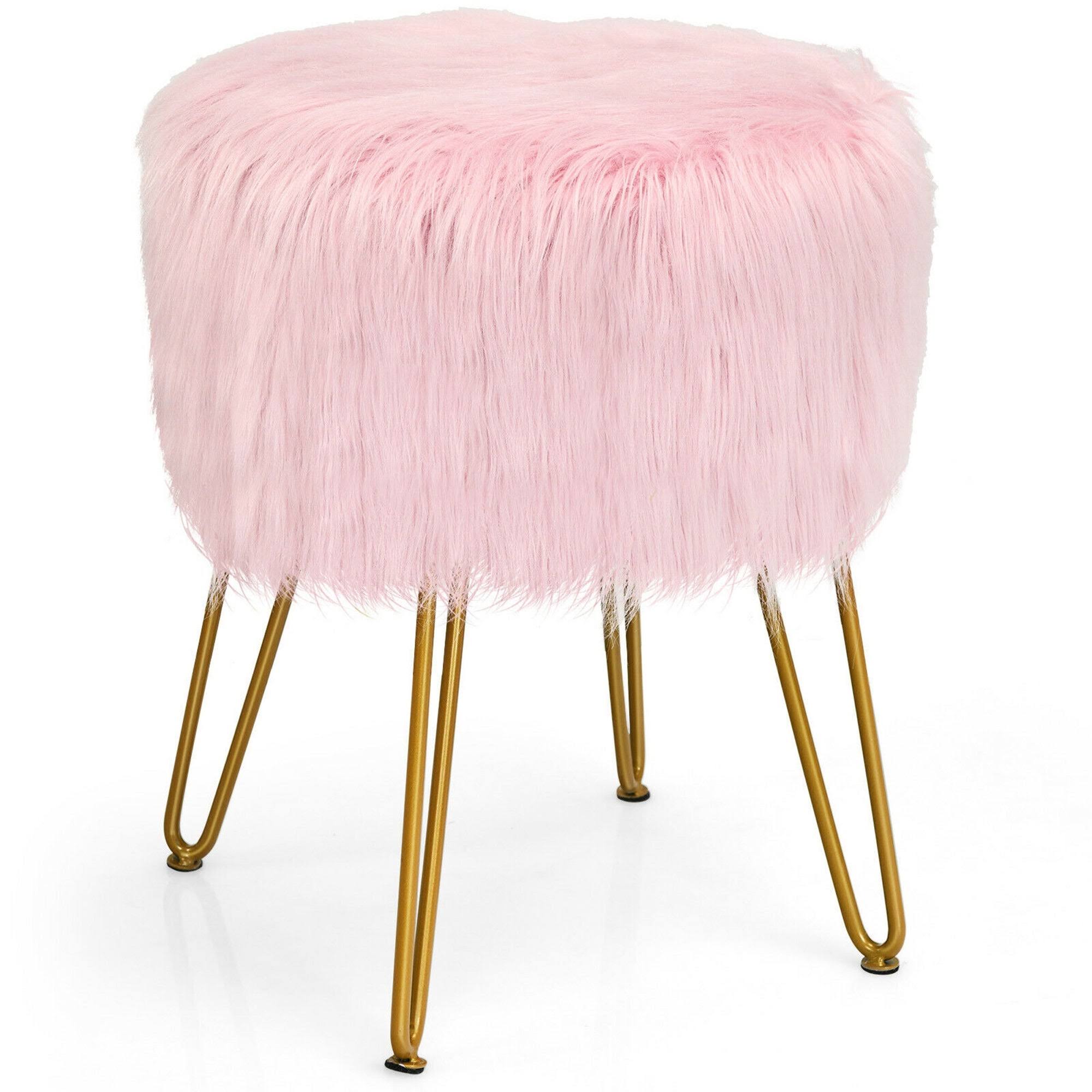Gymax Faux Fur Vanity Chair Makeup Stool Furry Padded Seat Round