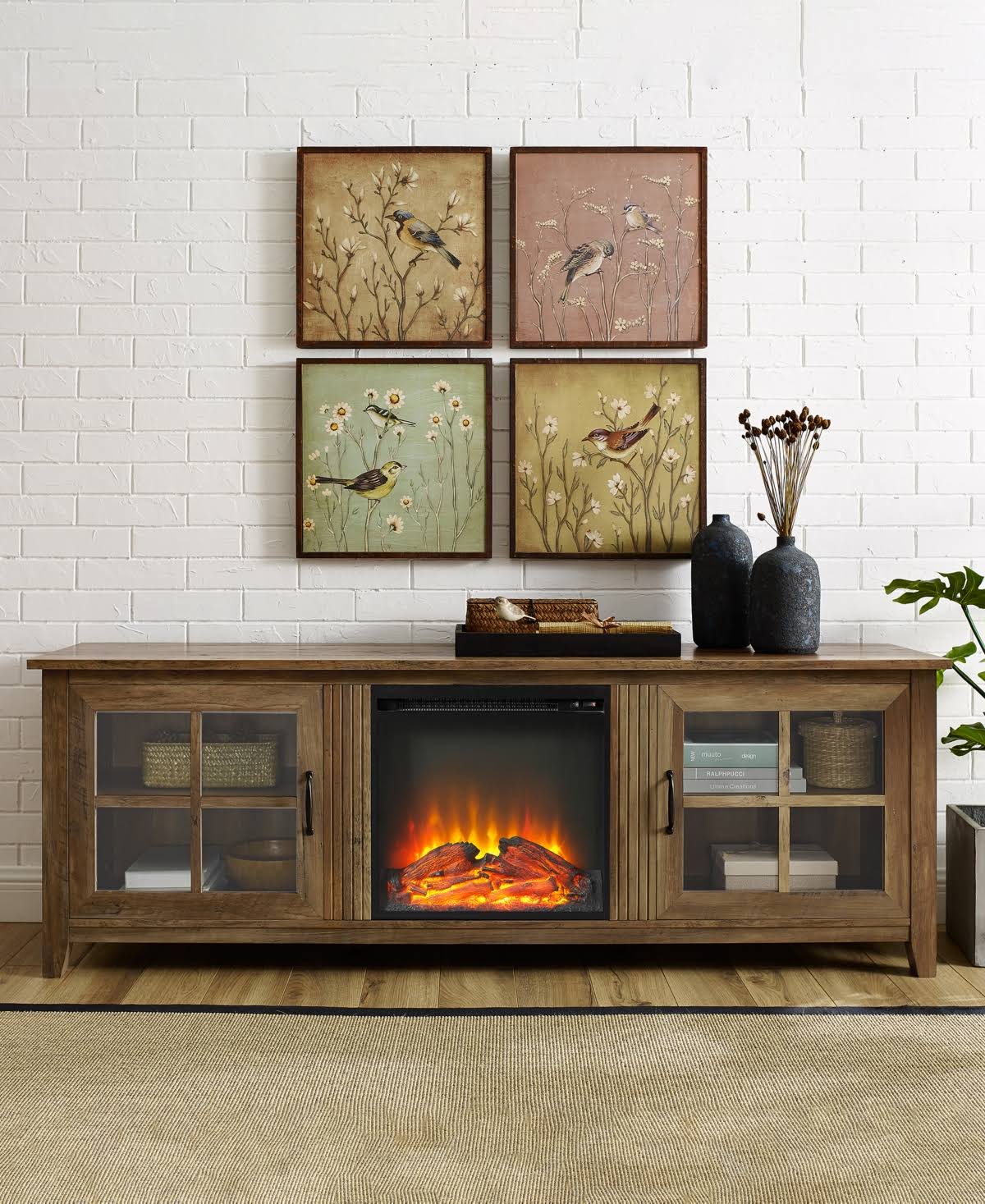 Walker Edison Farmhouse Wood Fireplace TV Stand with Glass Doors