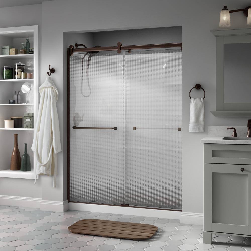 Delta Everly 60 x 71 in. Frameless Contemporary Sliding Shower Door in Bronze with Droplet Glass