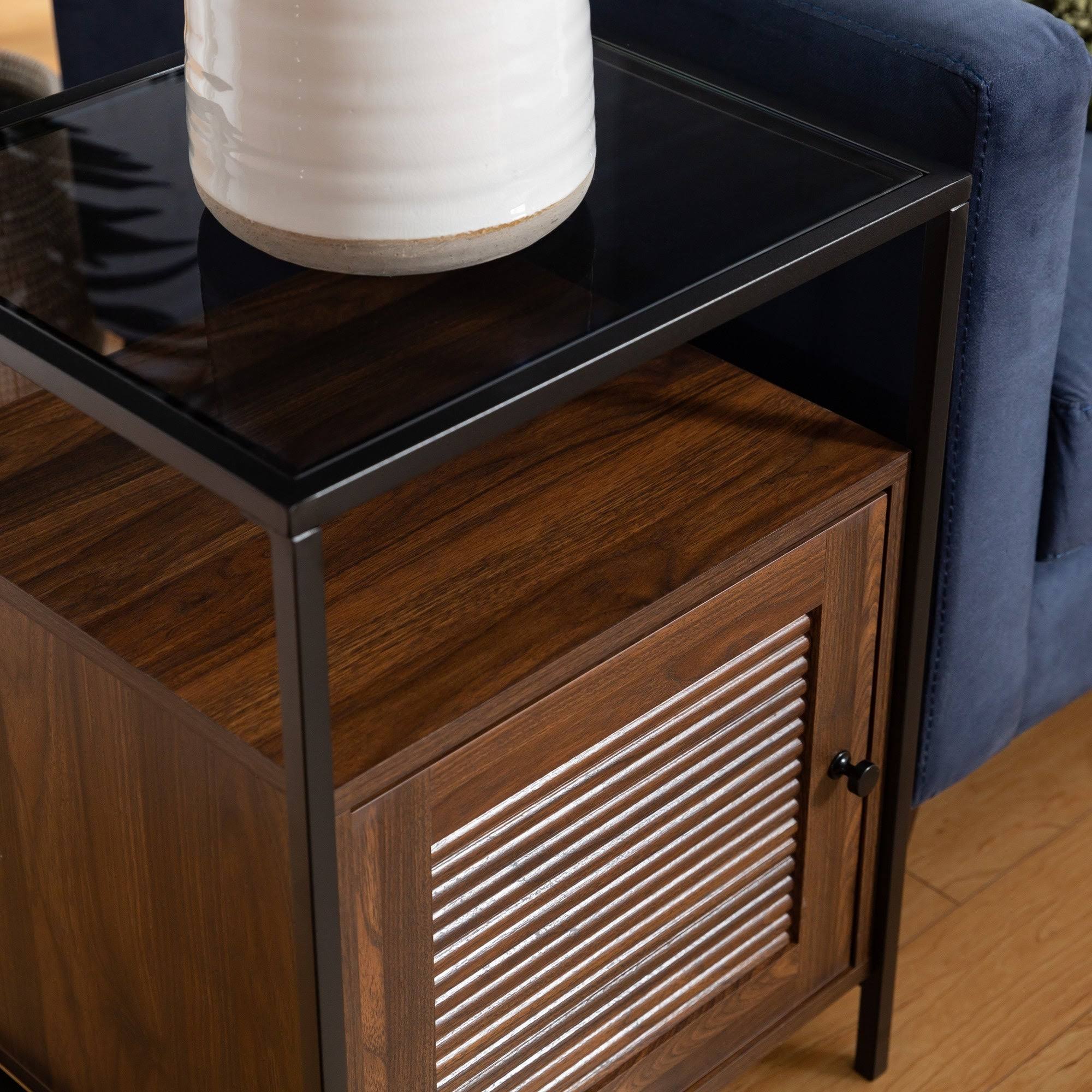 Carbon Loft Glass Top, Fluted Door Nightstand, Set of 2 Dark Walnut