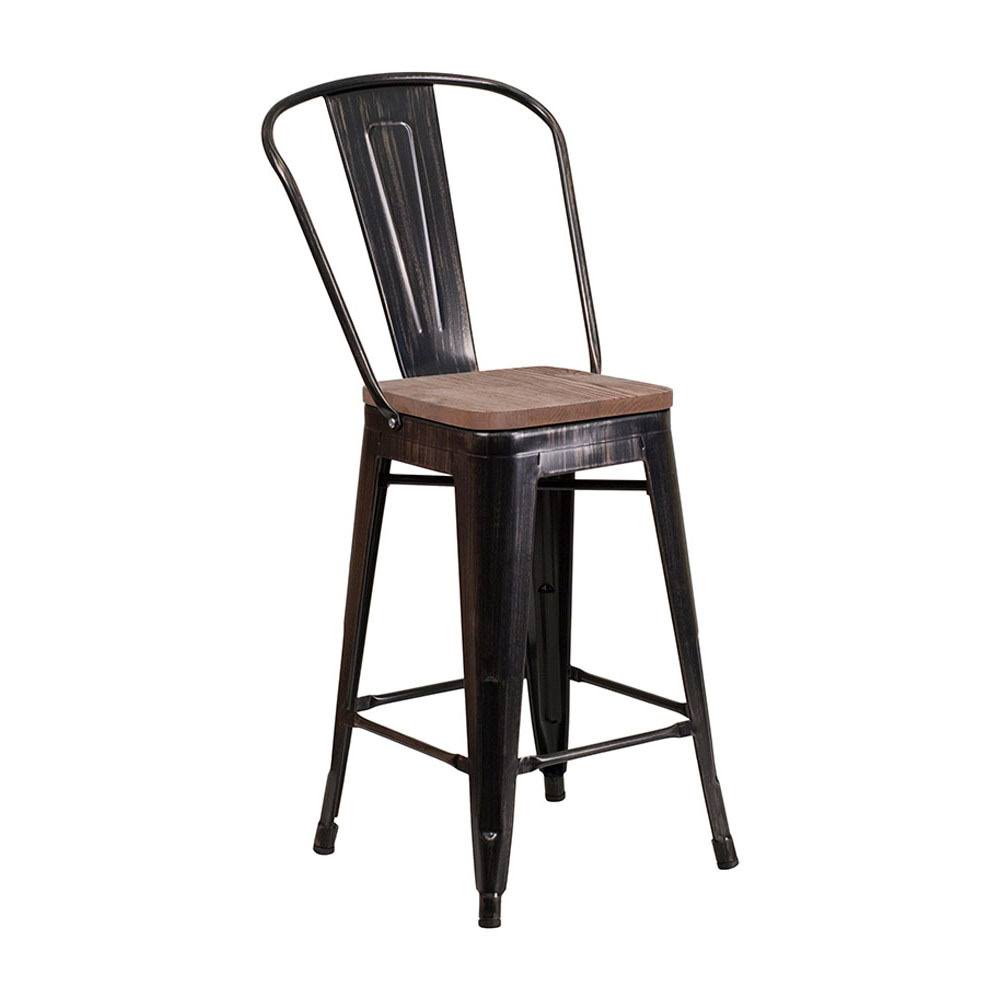 Offex 24" High BlackAntique Gold Metal Counter Height Stool with Back