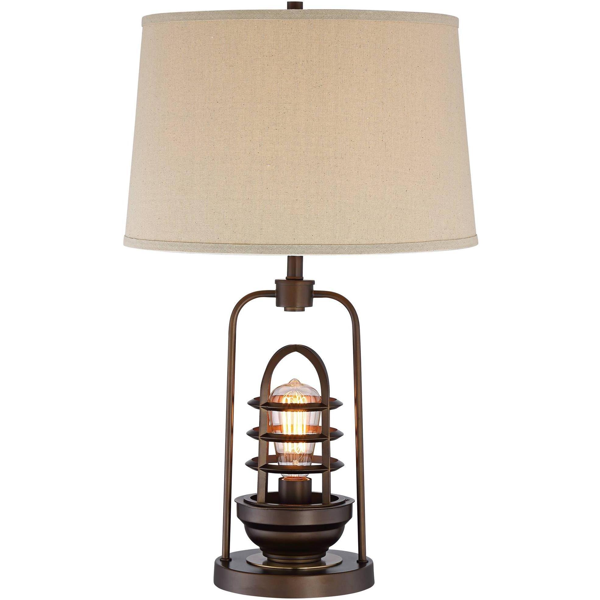 Franklin Iron Works Industrial Table Lamp With Nightlight Led Edison Bulb Rust Bronze Cage Drum 0772