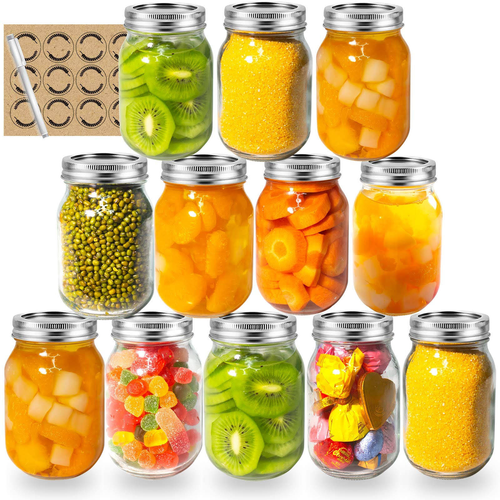 Lapanda 16 oz Regular Mouth Mason Jars (12 Pack) with 12 Labels and One