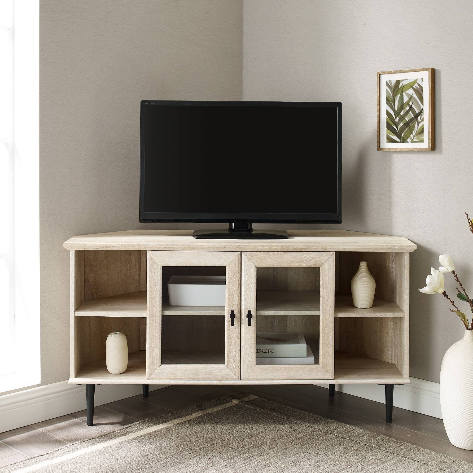 Stuart Geometric Corner Fit Glass Door TV Stand for TVs Up to 55x22 White Oak Saracina Home