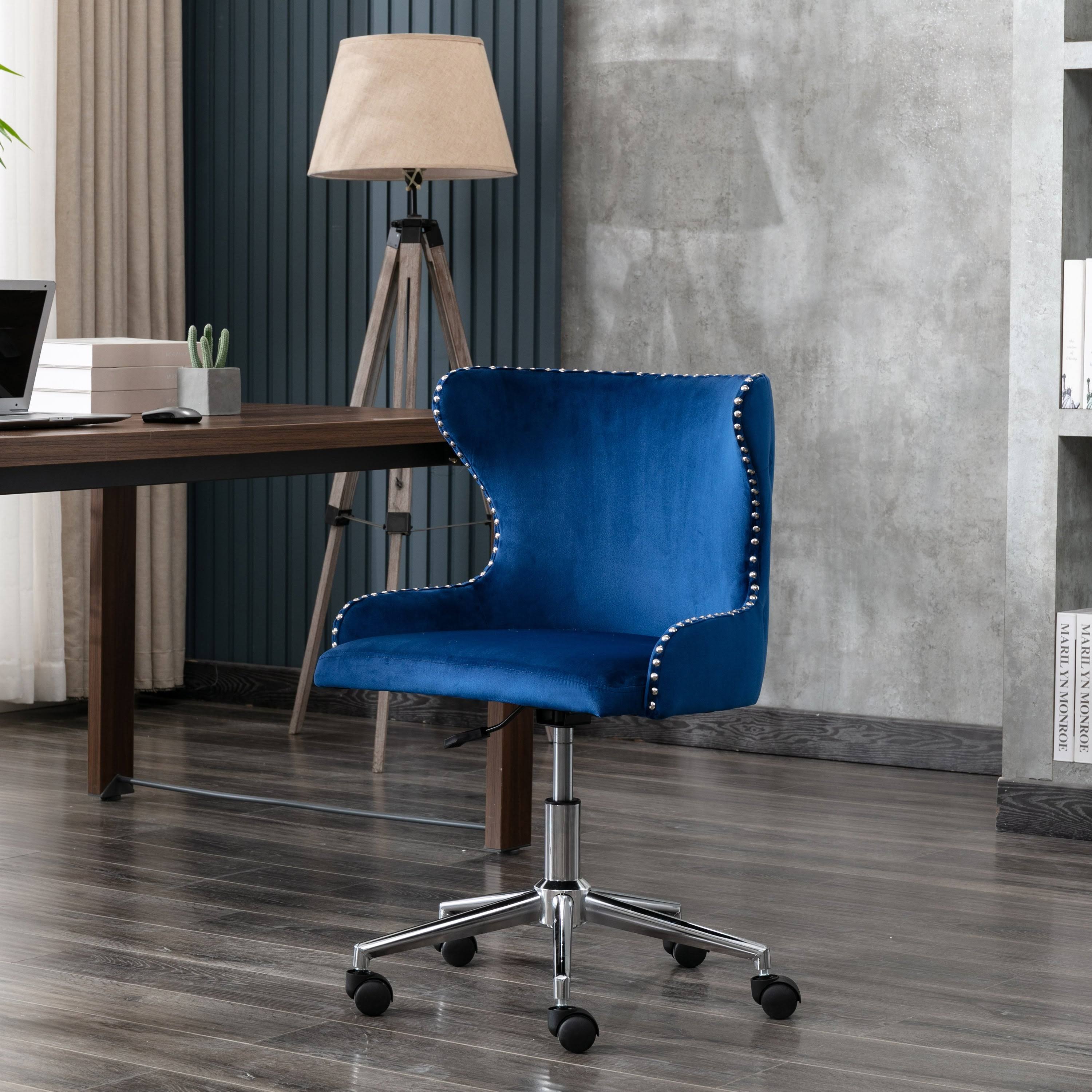 Contemporary Velvet Upholstered Adjustable Office Chair Navy Blue