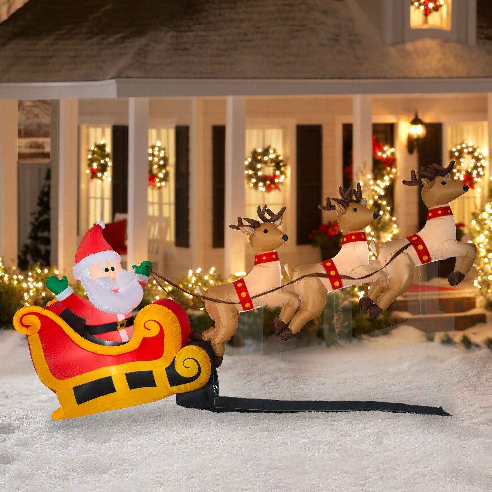 10 ft Wide Santas Sleigh Taking Off Airblown Inflatable with 3 Reindeer ...