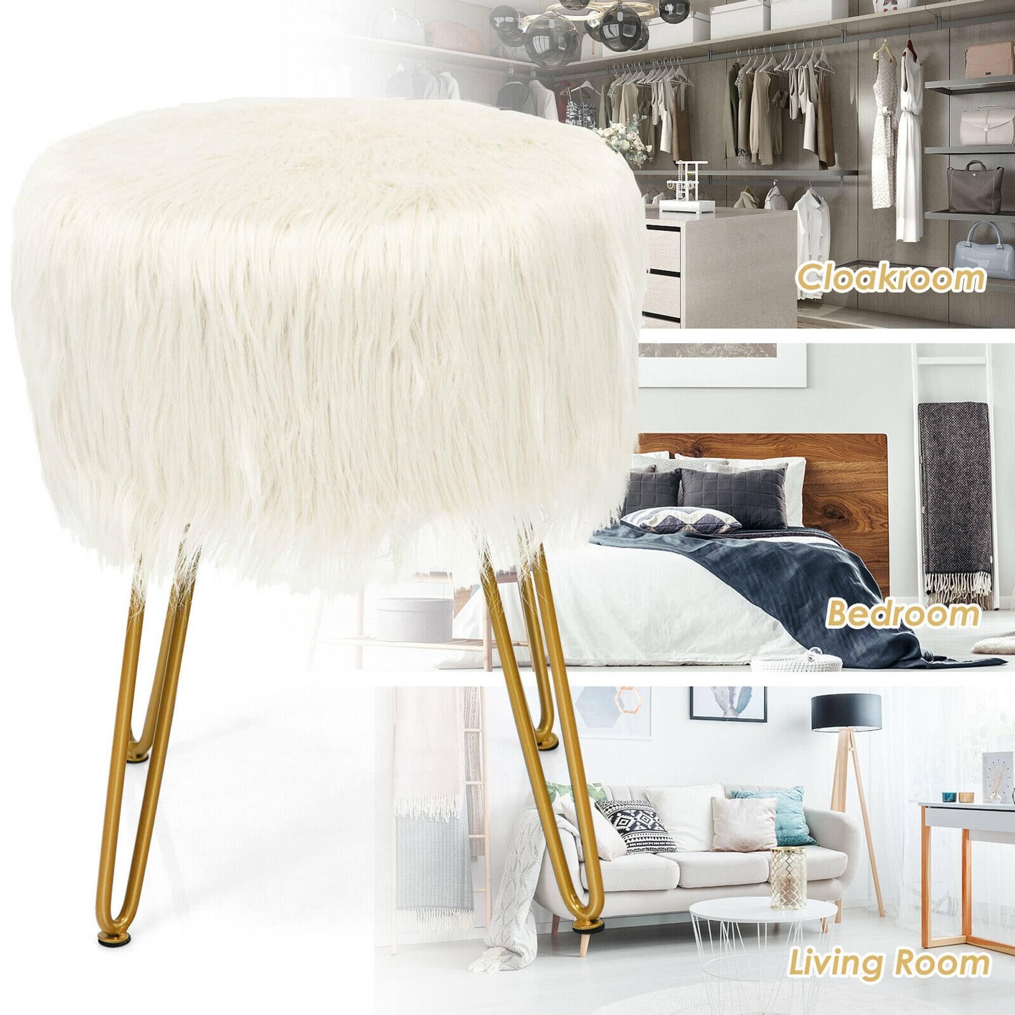 Gymax Faux Fur Vanity Chair Makeup Stool Furry Padded Seat Round