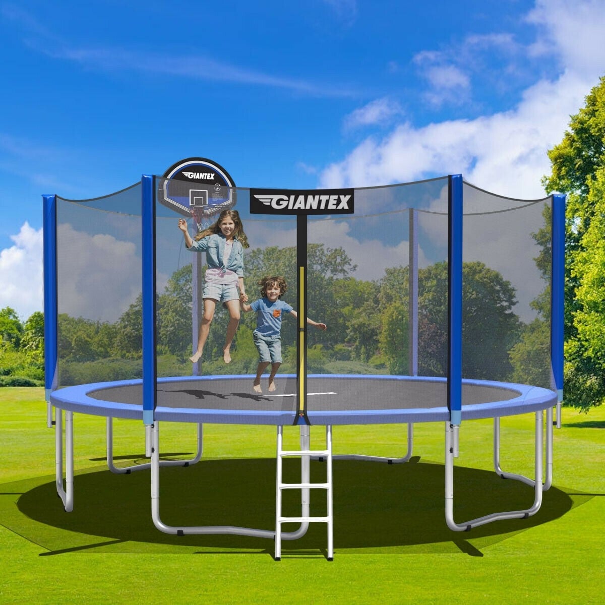 14 ft Round Trampoline with Safety Enclosure Net and Basketball Hoop