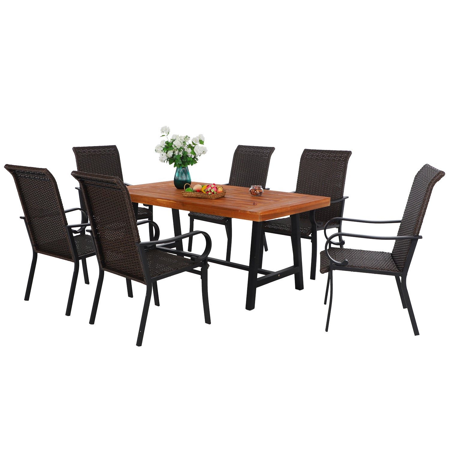 PHI VILLA 7Piece Patio Dining Set with Acacia Wooden Table & 6 Rattan