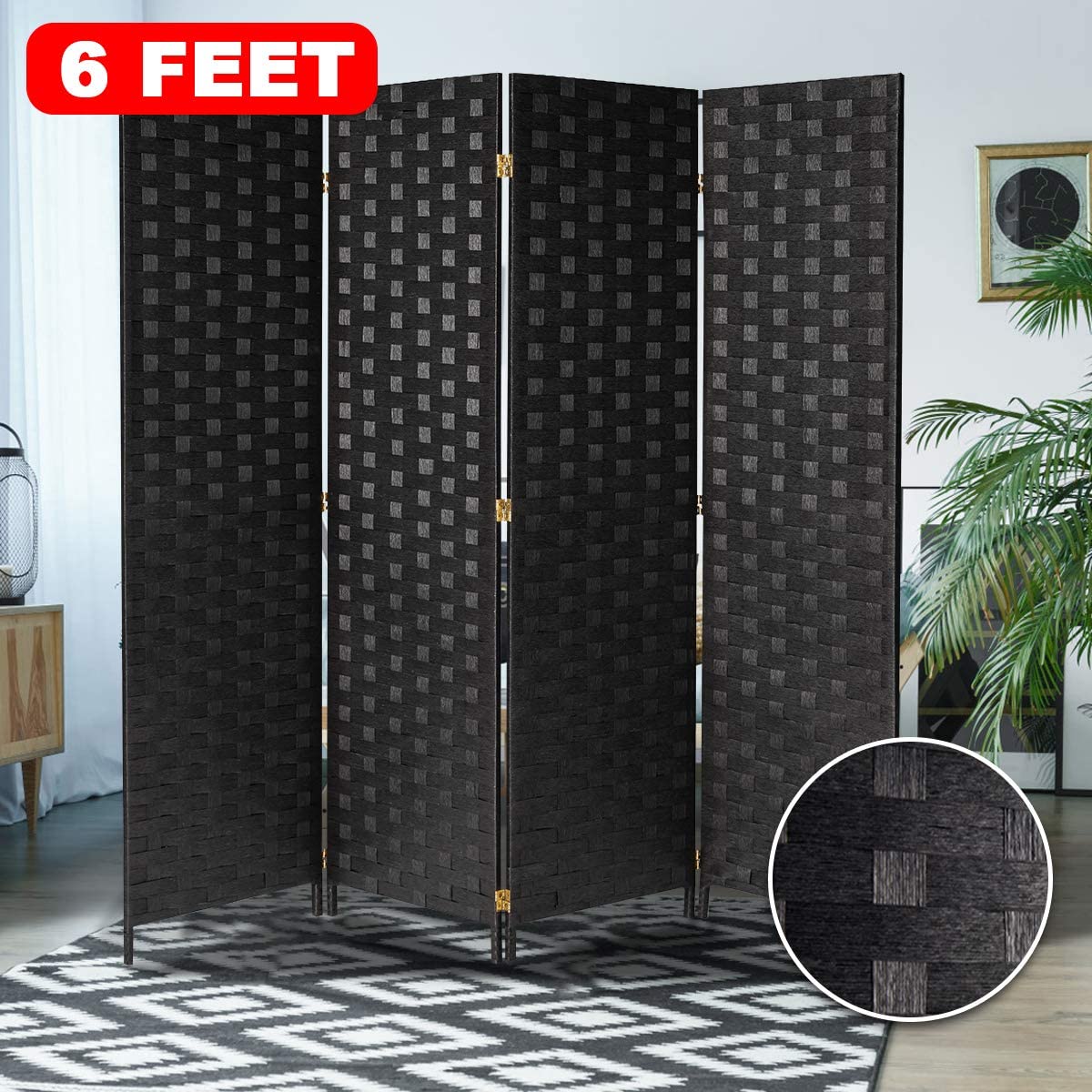 4 Panels Folding Room Divider 6ft Wall Divider Double Hinged, Black