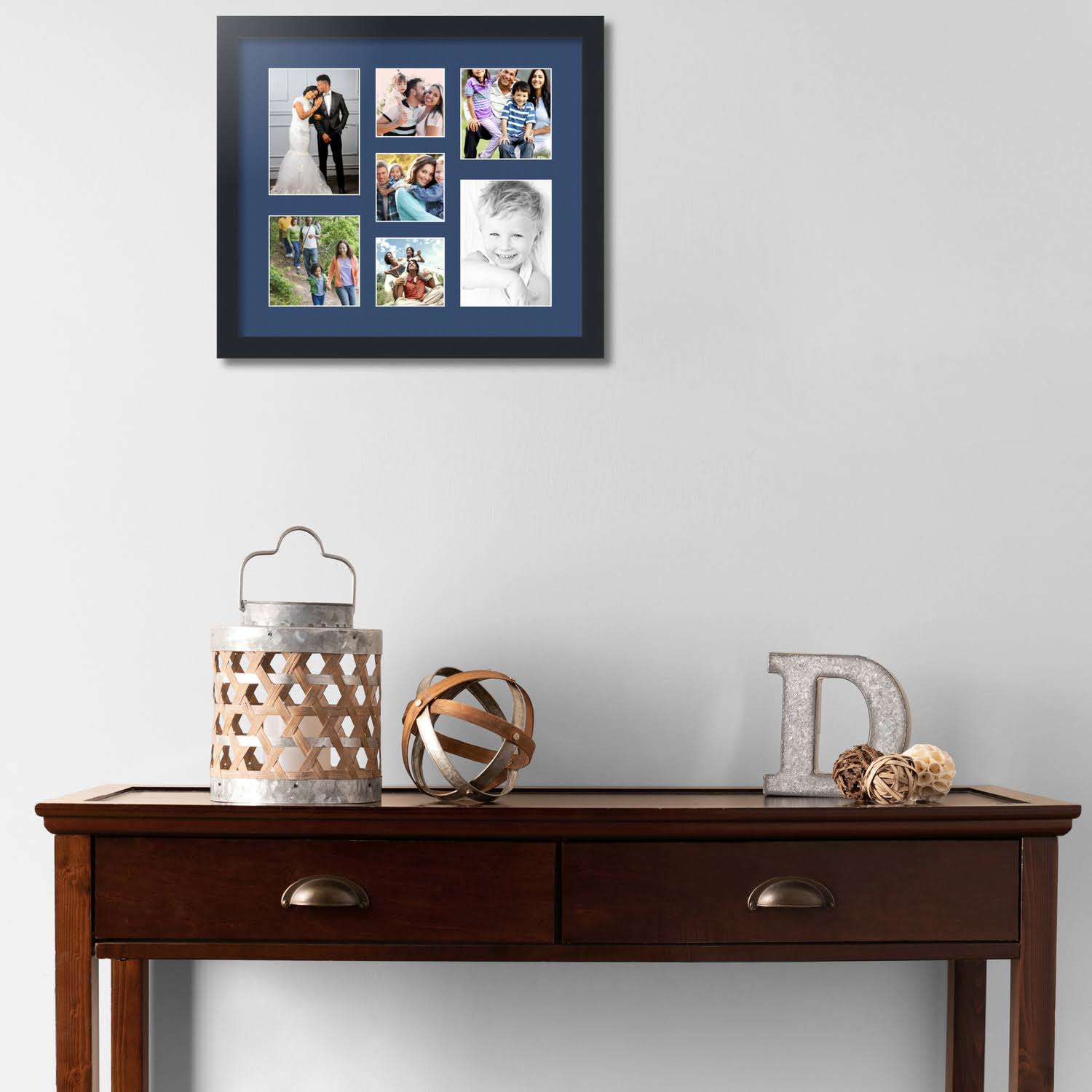Collage Picture Frame, Satin Black Frame with 7 openings for 5x7 Photos with Delft Blue Mat