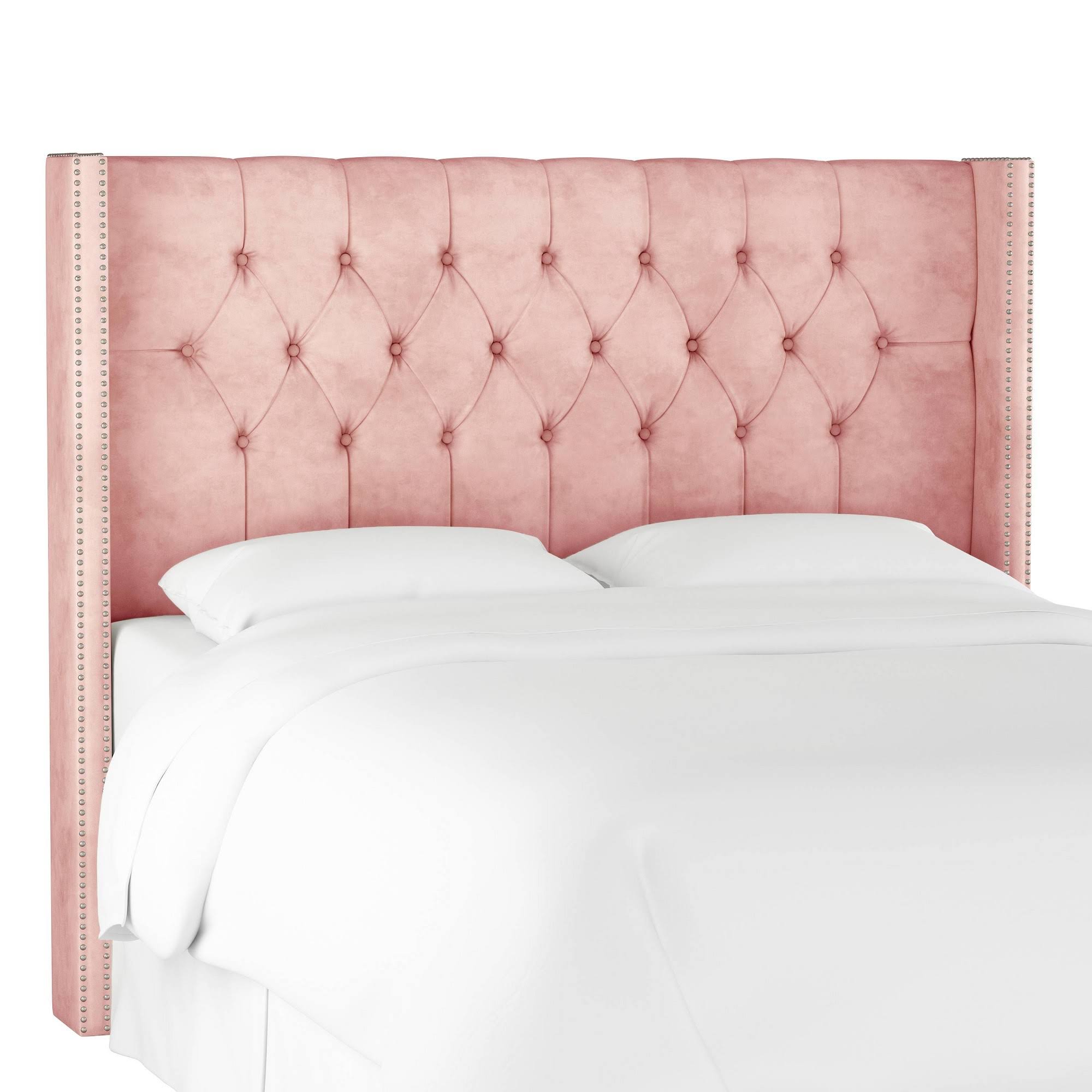 Full Louis Diamond Tufted Wingback Headboard Blush Velvet With Pewter Nail Buttons Skyline