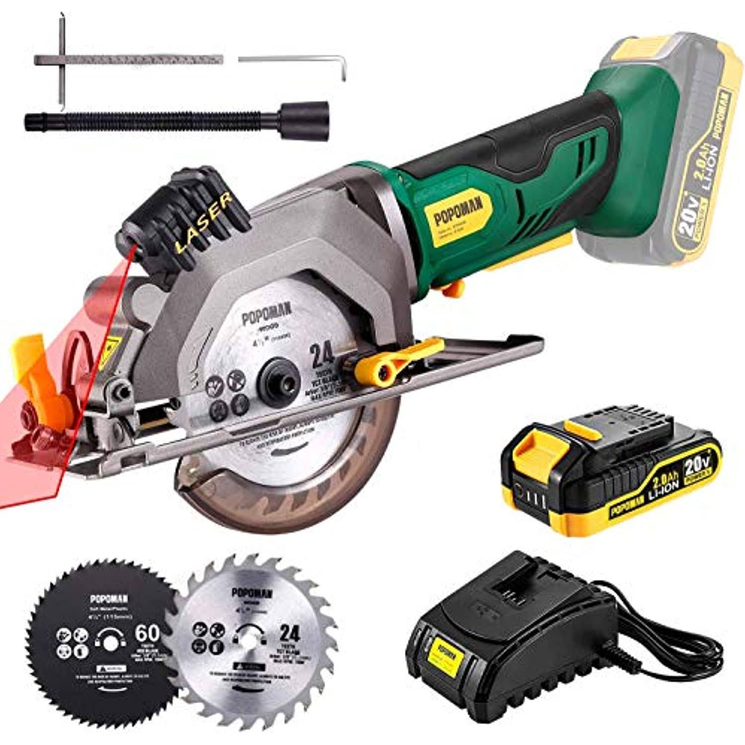 POPOMAN Cordless Circular Saw, 41/2x22 Saw with Laser Guide, 20V 2.0Ah