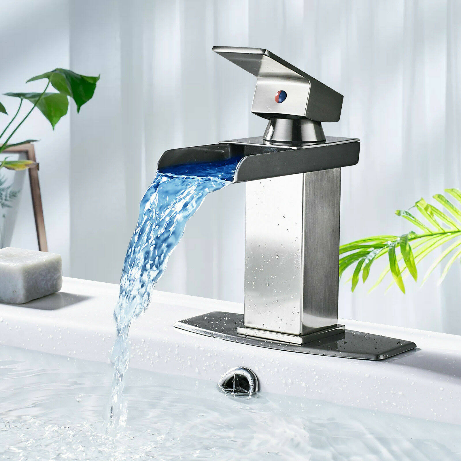 Basin Brushed Waterfall LED Spout Bath Sink Faucet Dual Crystal Handle