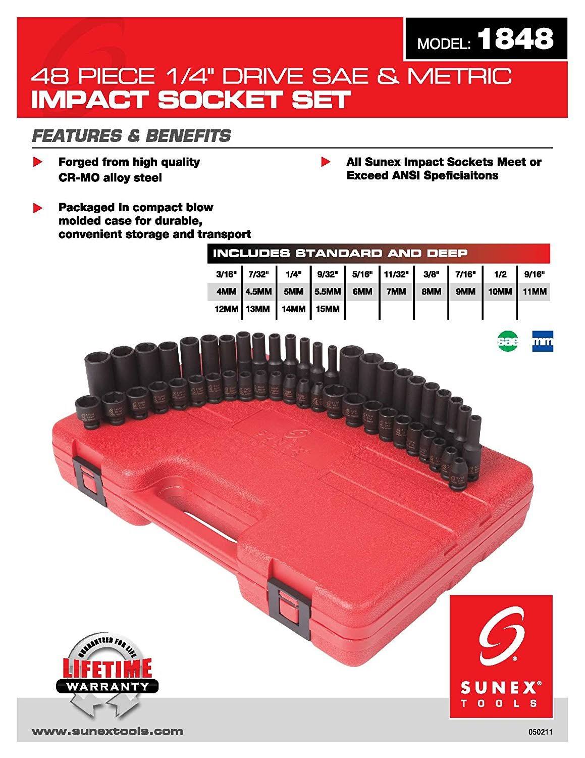 Sunex 1848 1/4Inch Drive SAE and Metric Master Impact Socket Set, 48