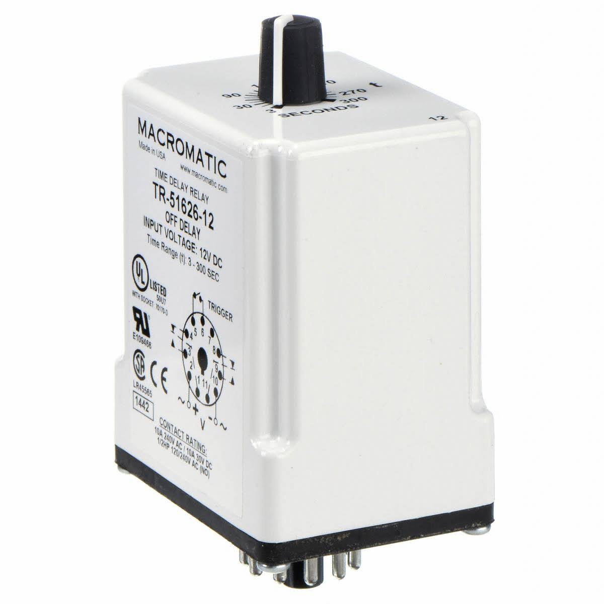 Macromatic TR5162612 Time Delay Relay,12VDC,10A,DPDT,3 Sec. WGL03