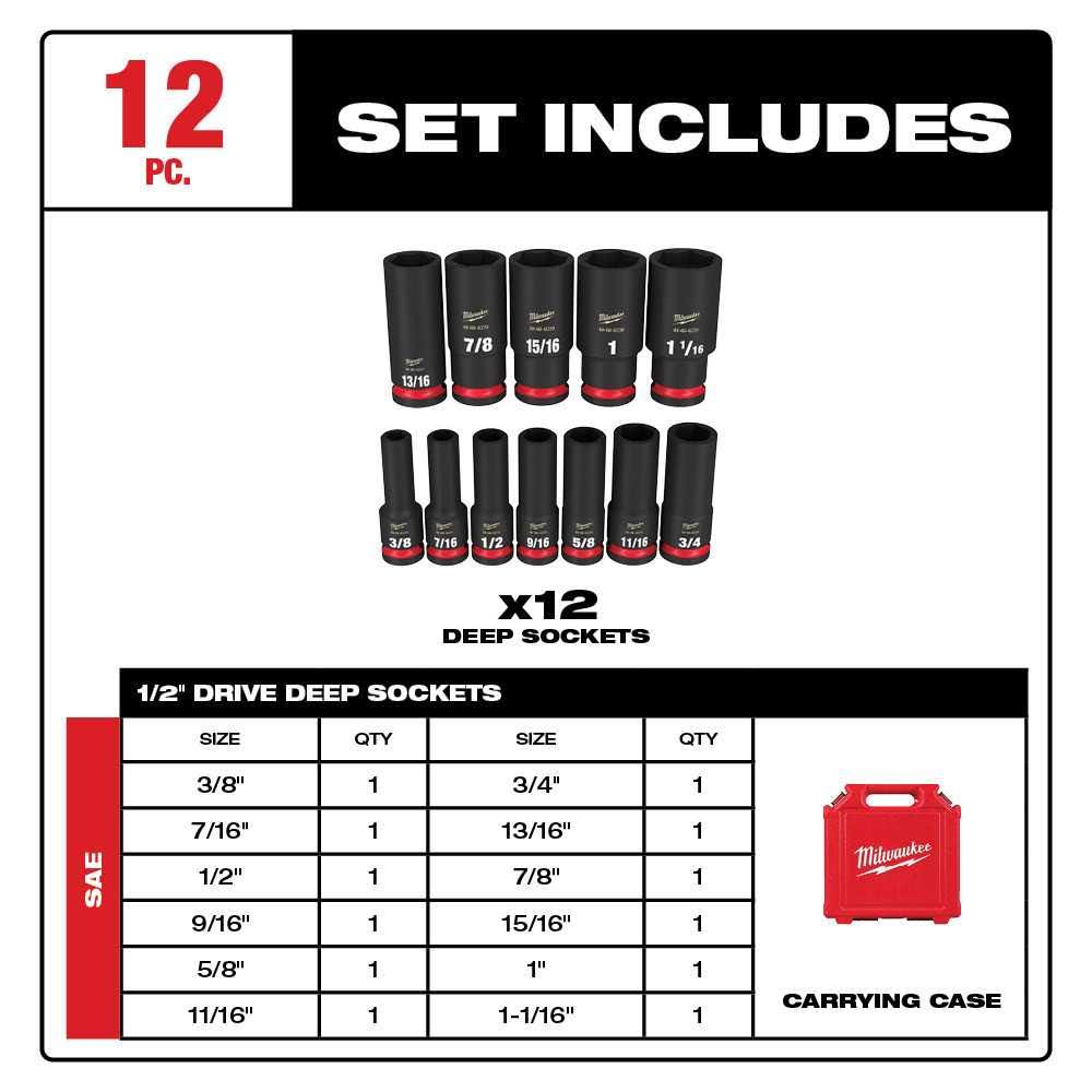 Milwaukee 49667011 12Piece Shockwave 1/2Inch Drive SAE Deep 6Point