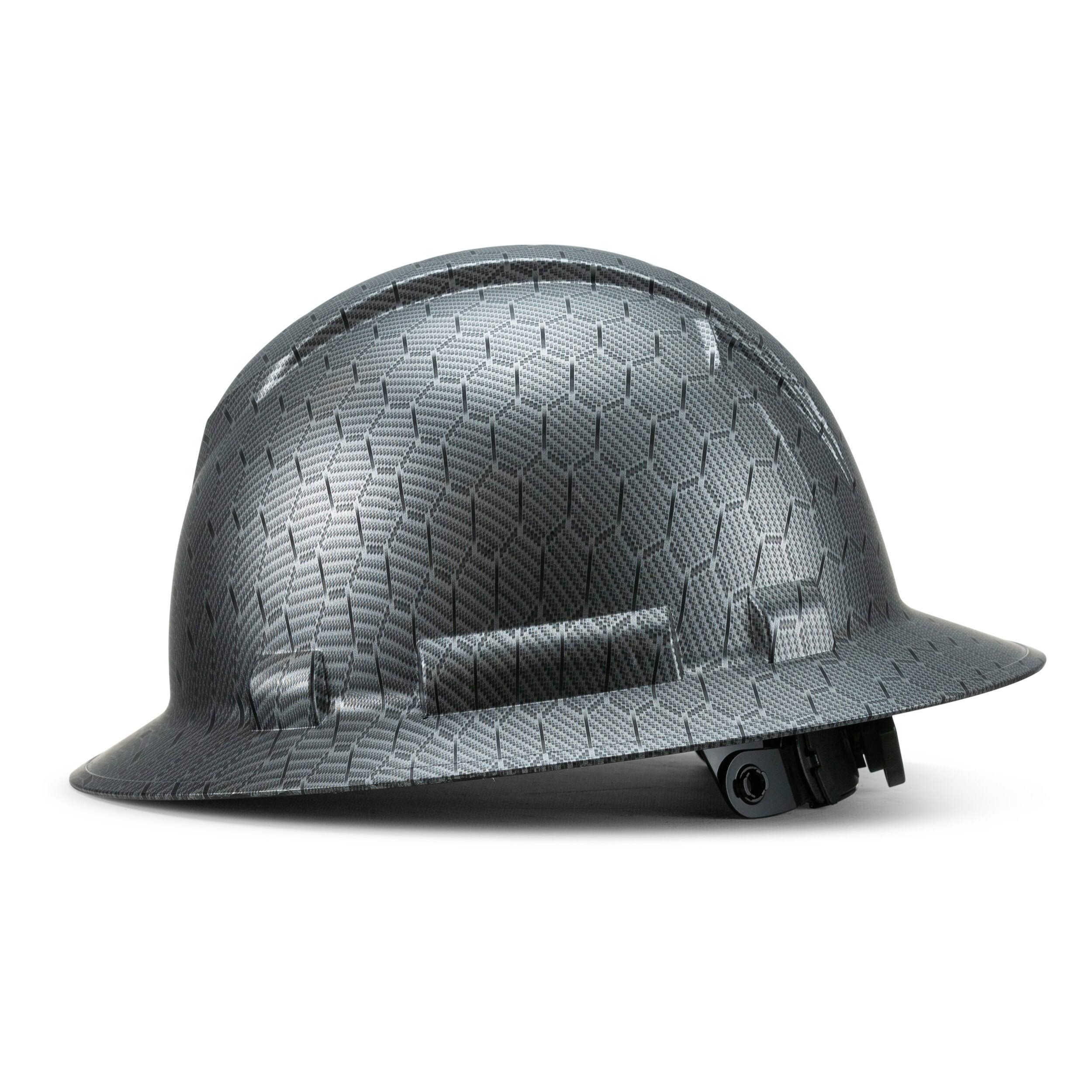 Full Brim Hard Hat, Custom Silver Design 6 Point Suspension
