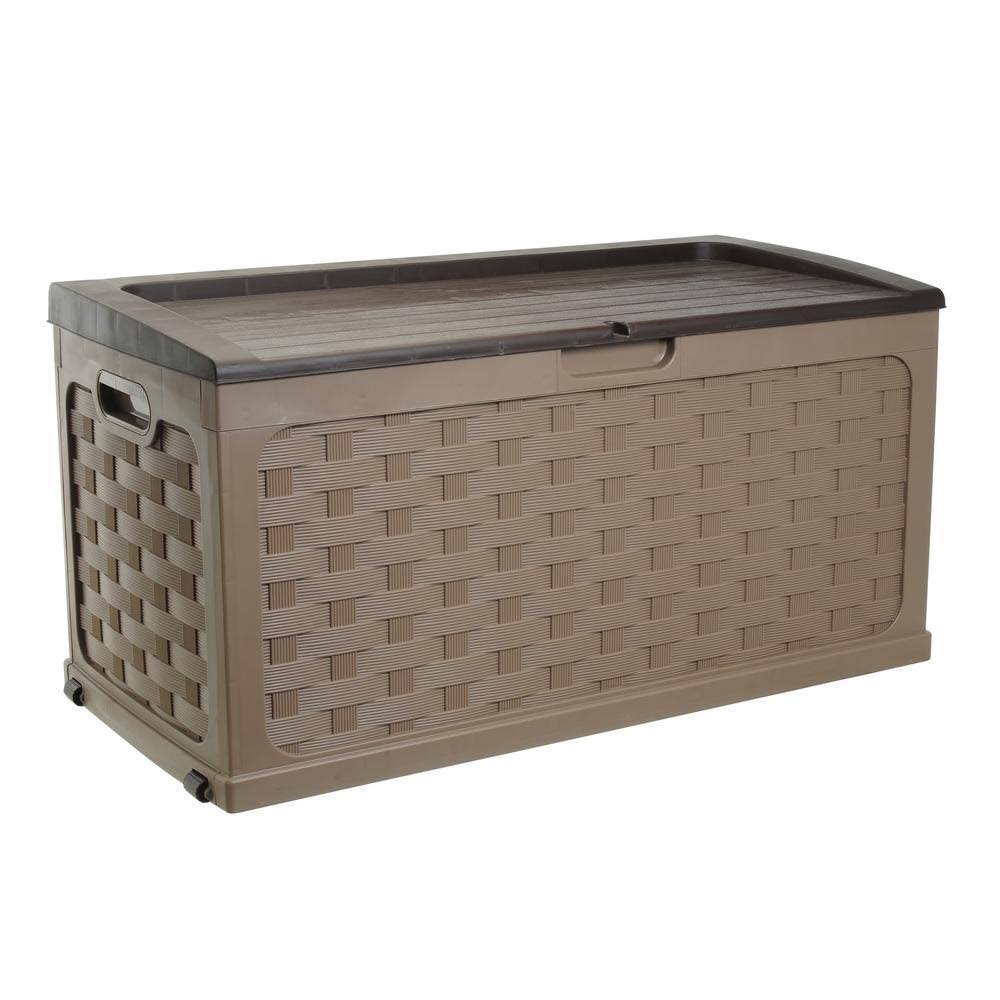 Starplast 88 gal. Plastic Mocha Brown Rattan Deck Box - WGL-03