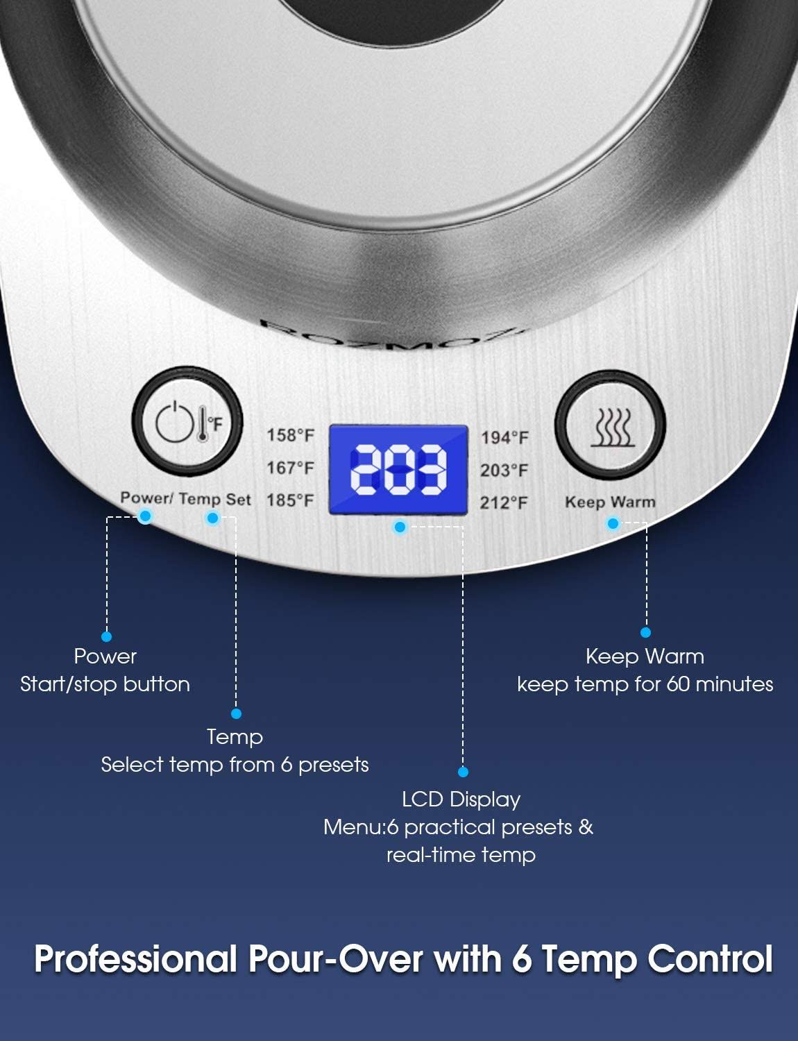 Rozmoz Electric Gooseneck Kettle with 6 Various Temperature Control