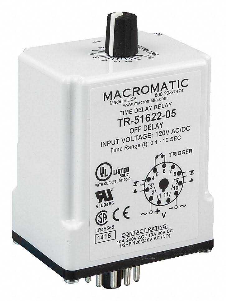 Macromatic TR5162612 Time Delay Relay,12VDC,10A,DPDT,3 Sec. WGL03