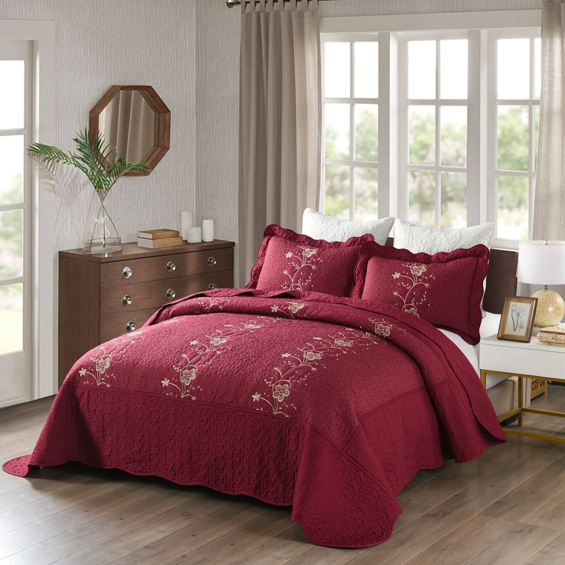Embroidered Cotton Quilt Set Burgundy Queen customprintedsigns