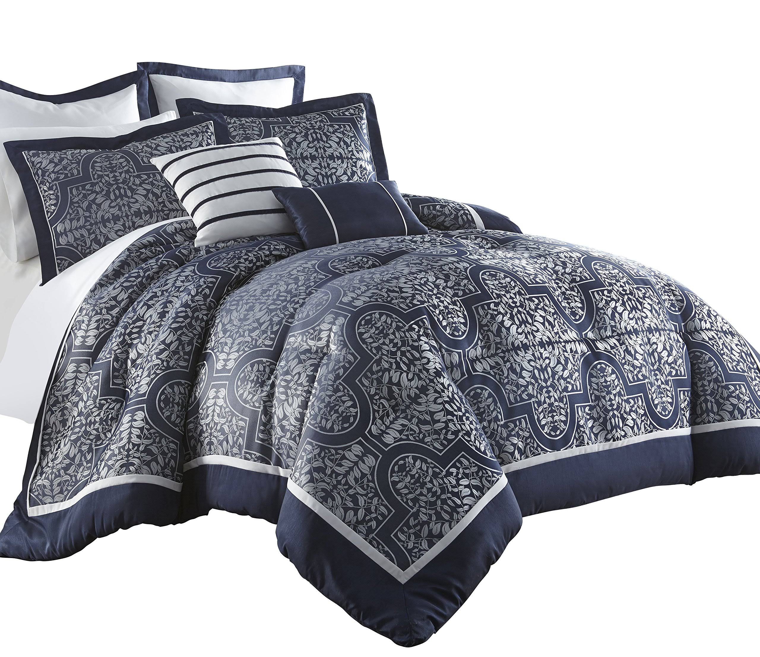 Chezmoi Collection Mayan 7Piece Navy Jacquard Floral Comforter Set