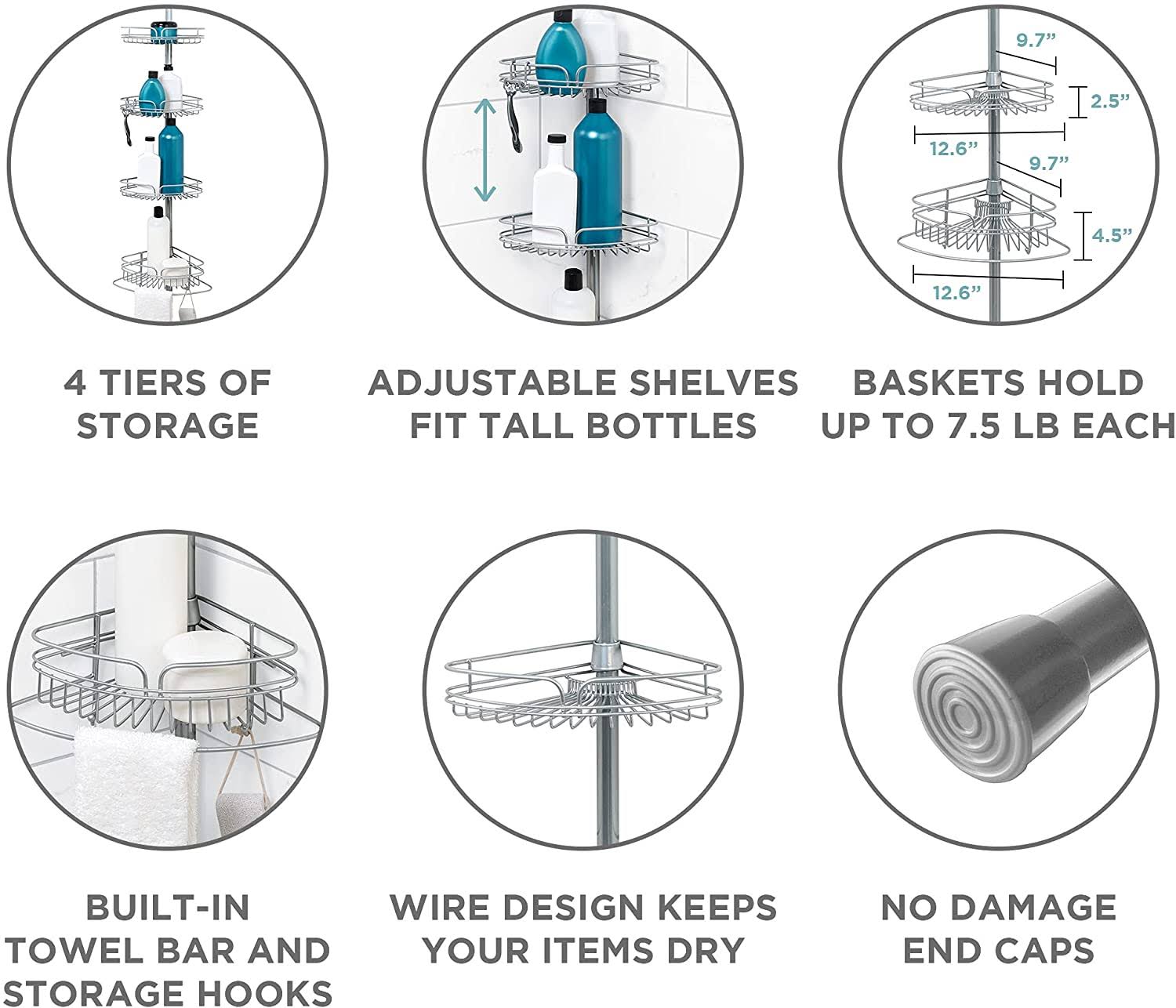 Zenna Home 2161PC Shower Tension Pole Caddy, Satin Chrome WGL03