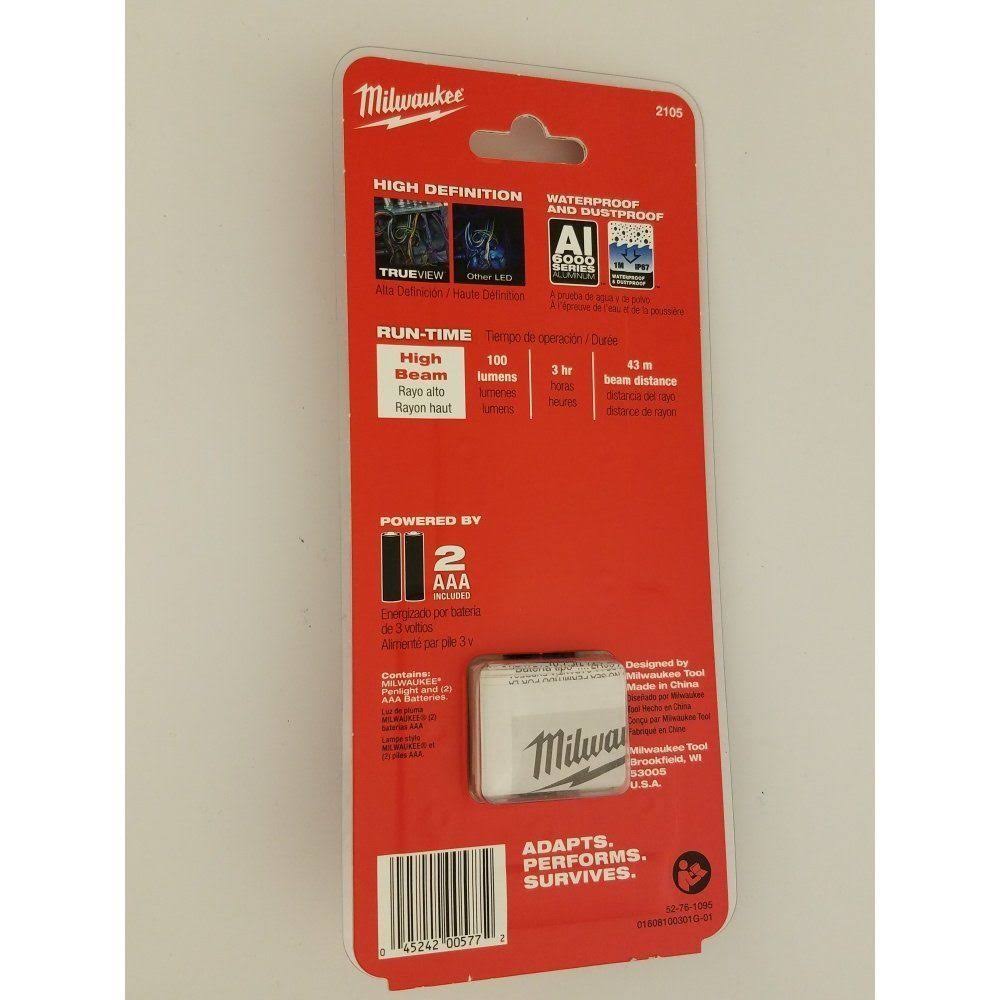 milwaukee 2105 aluminum 100 lumen pen light with clip