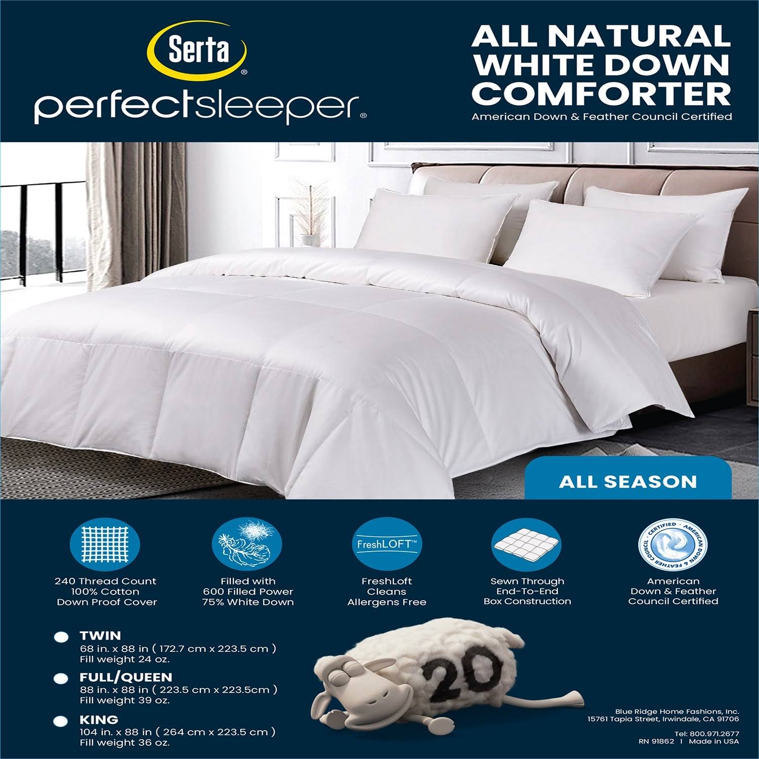 Serta All Season White Down 100% Cotton Comforter Twin - WGL-03