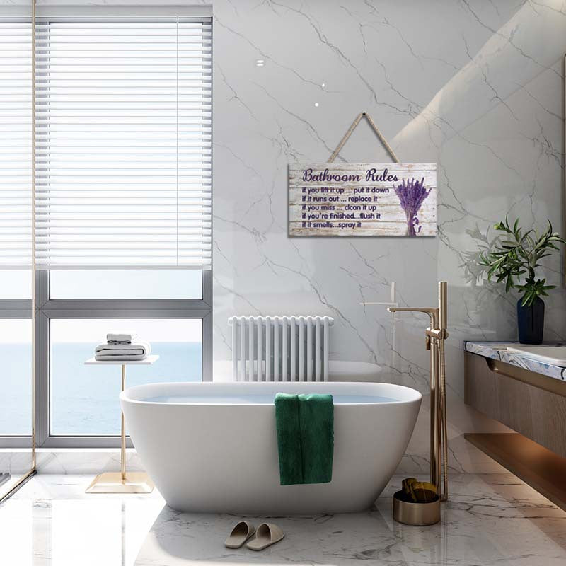 Lavender Bathroom Rules Hanging Sign