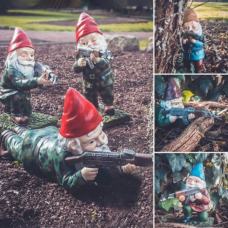 Funny Army Garden Gnome Statue，Amusing Army Military Gnome Holding SLR