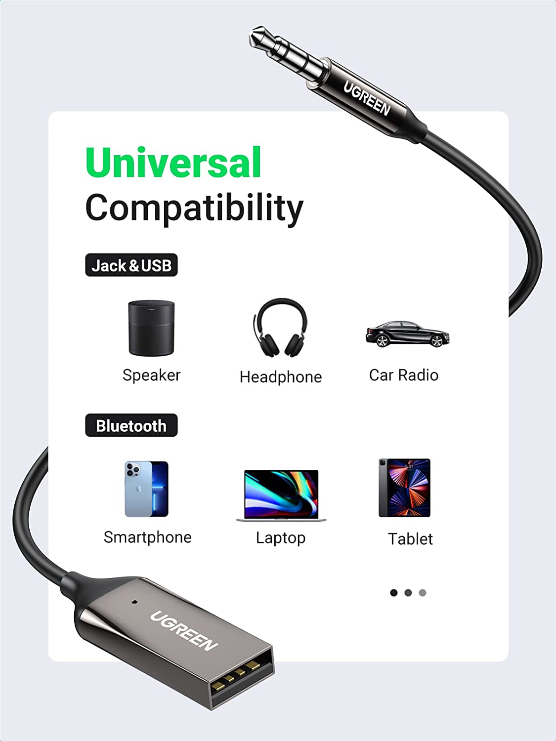 UGREEN Aux to Bluetooth 5.0 Adapter 3.5mm Bluetooth Receiver