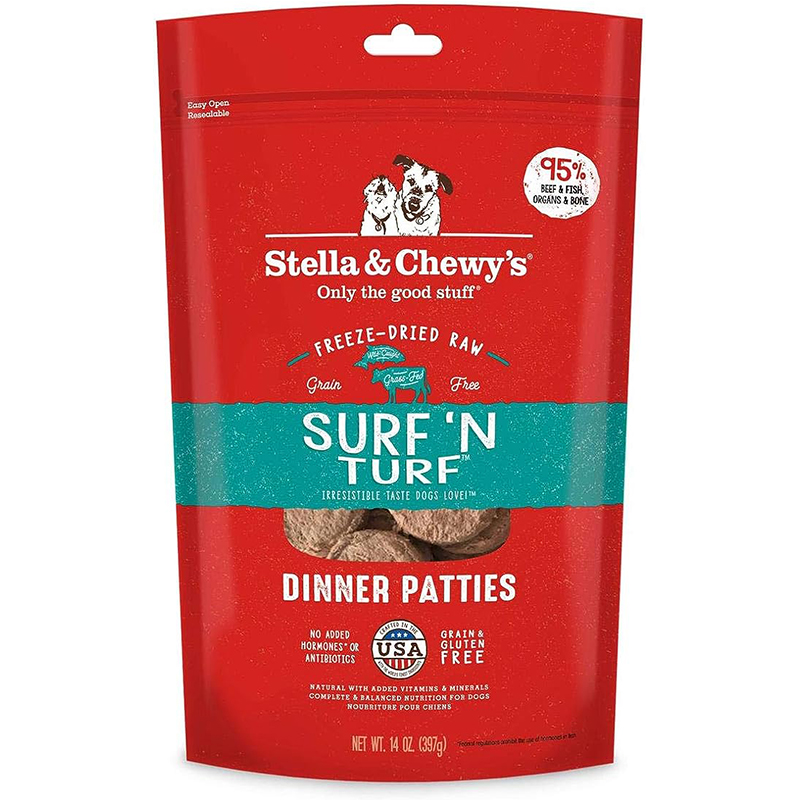 Stella & Chewy’s Freeze Dried Raw Dinner Patties – Grain Free Dog Food, Protein Rich Surf ‘N Turf Salmon & Beef Recipe – 14 oz Bag