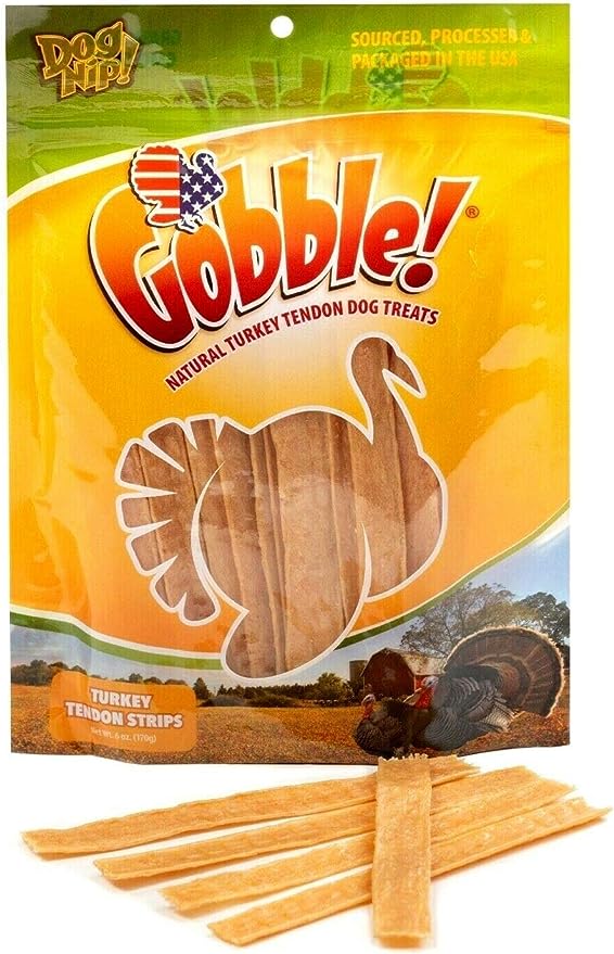 Gobble! 6-Inch Turkey Tendon Strips for Dogs, 6 oz. (170g) Reseal Value Bag, Made in USA, All-Natural Hypoallergenic Dog Chew Treat | Sourced, Processed & Packaged in The USA |