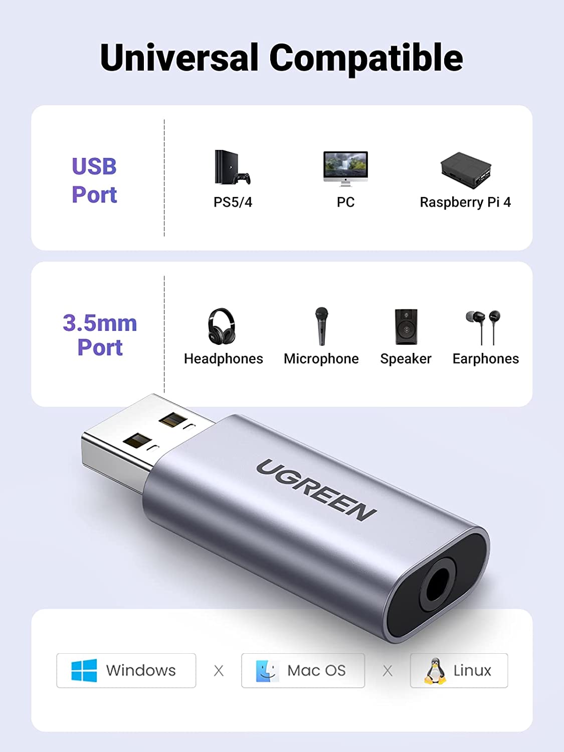UGREEN USB to Audio Jack USB External Sound Card 3.5mm