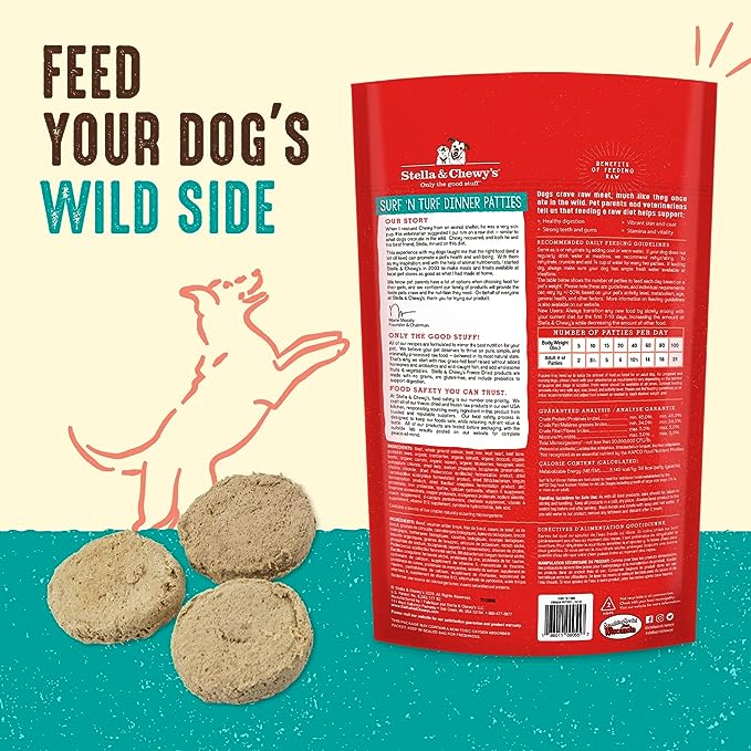 Stella & Chewy’s Freeze Dried Raw Dinner Patties – Grain Free Dog Food, Protein Rich Surf ‘N Turf Salmon & Beef Recipe – 14 oz Bag