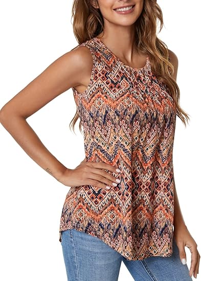 Women's Sleeveless Tank Tops Printed Pleated Loose Casual Blouse Shirt Flare Tunic Tank Tops for Women Summer