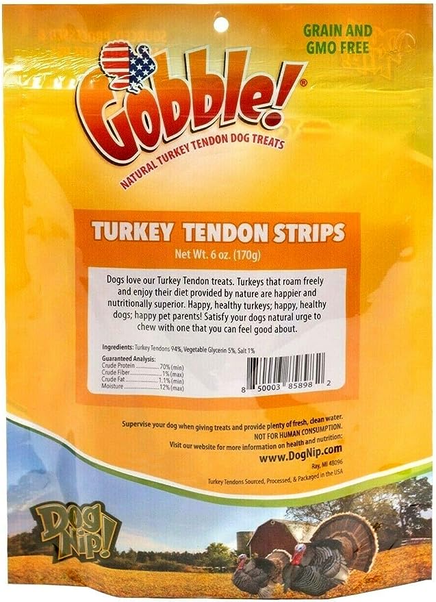 Gobble! 6-Inch Turkey Tendon Strips for Dogs, 6 oz. (170g) Reseal Value Bag, Made in USA, All-Natural Hypoallergenic Dog Chew Treat | Sourced, Processed & Packaged in The USA |