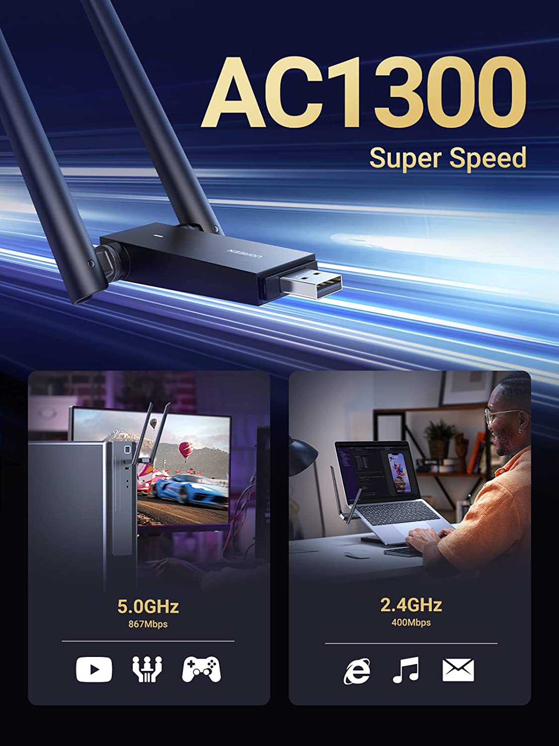 UGREEN USB WiFi Adapter for Desktop PC Laptop AC1300