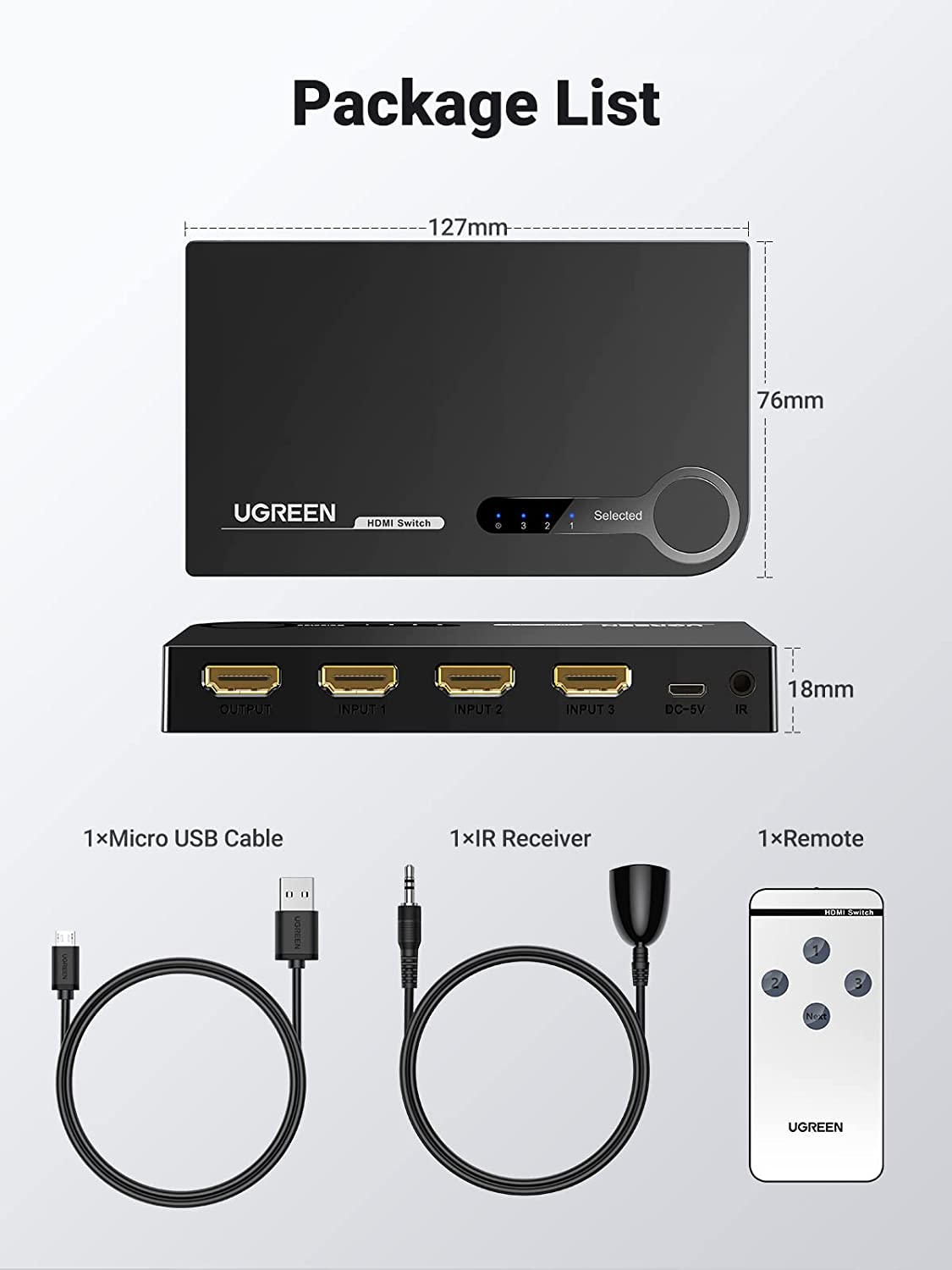 UGREEN HDMI Switch 4K 3 in 1 Out HDMI Switcher Splitter Hub