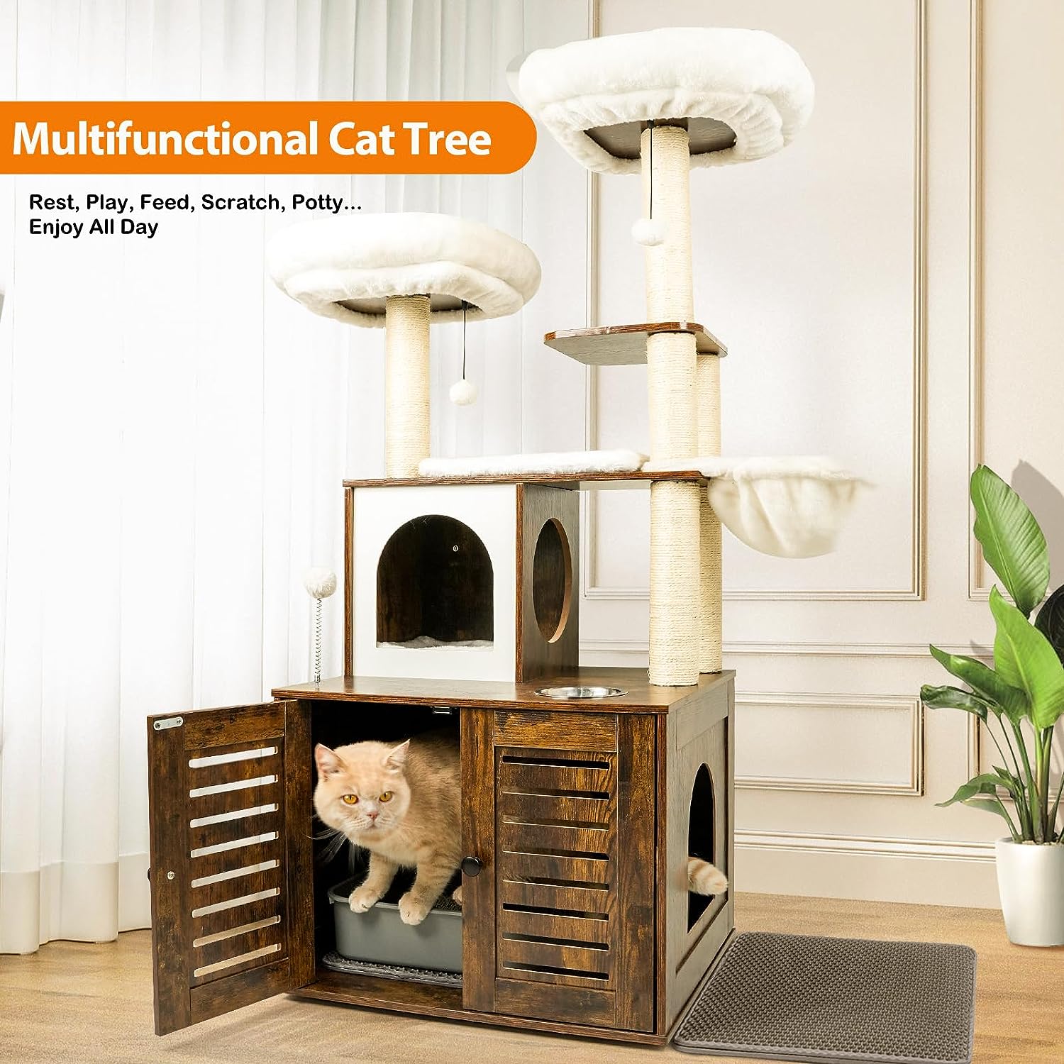 HONCET Cat Tree with Litter Box Enclosure