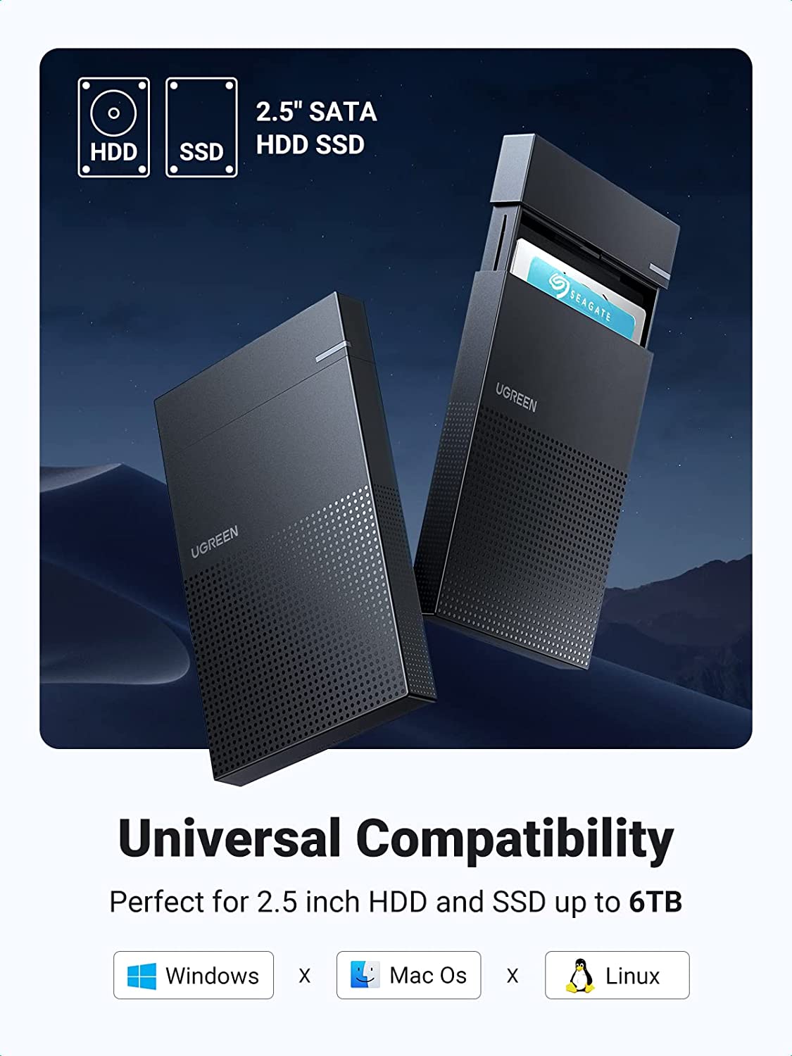 UGREEN Hard Drive Enclosure 2.5 Inch SATA to USB 3.0 Tool-Free 7mm 9.5mm SSD HDD Case with UASP