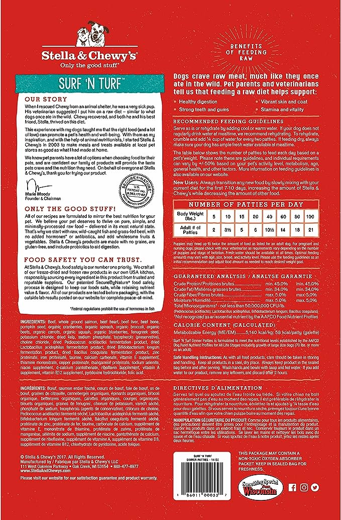 Stella & Chewy’s Freeze Dried Raw Dinner Patties – Grain Free Dog Food, Protein Rich Surf ‘N Turf Salmon & Beef Recipe – 14 oz Bag