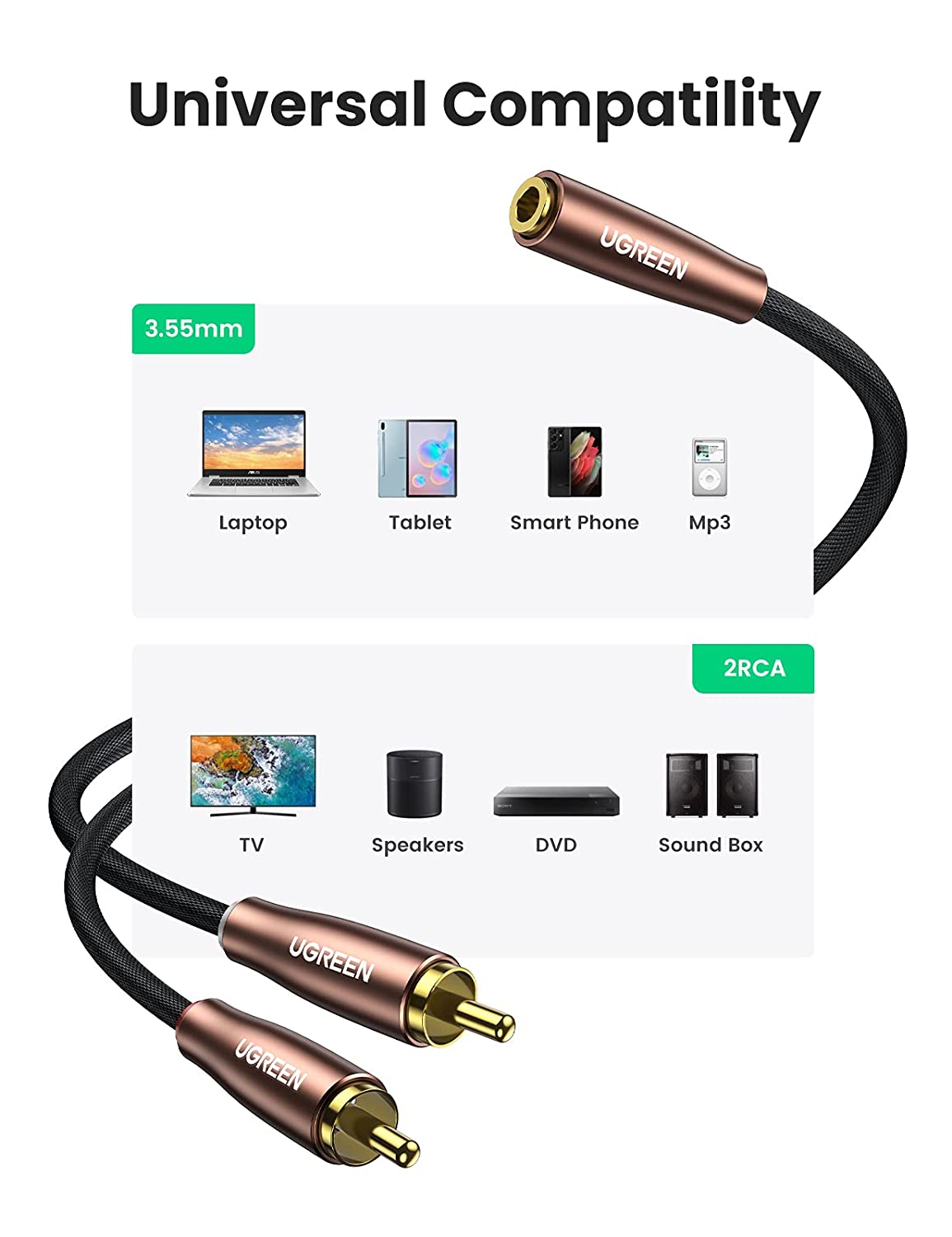 UGREEN 3.5mm Female to 2 RCA Male Stereo