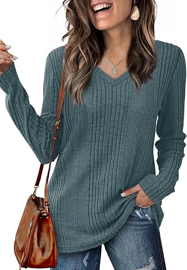 Womens Long Sleeve Tops V Neck Shirts Lightweight Tunic Sweaters Fashion 2024