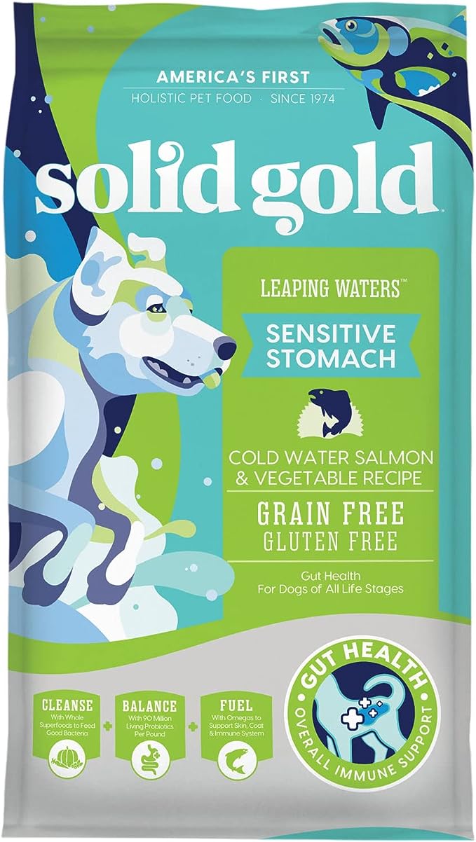 Solid Gold Leaping Waters - Dry Dog Food for Sensitive Stomach - Grain & Gluten Free - with Salmon & Vegetables - Digestive Probiotics for Gut Health - Omega, Superfood & Antioxidant Support for Dogs