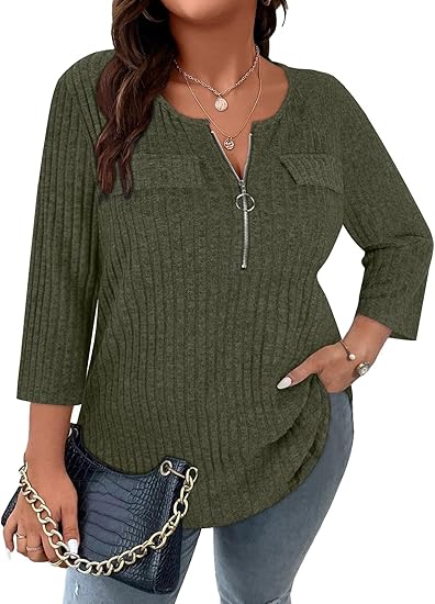Women Plus Size Sweaters 3/4 Sleeve Zip V Neck Ribbed Solid Color Casual Blouses Tops XL-5XL