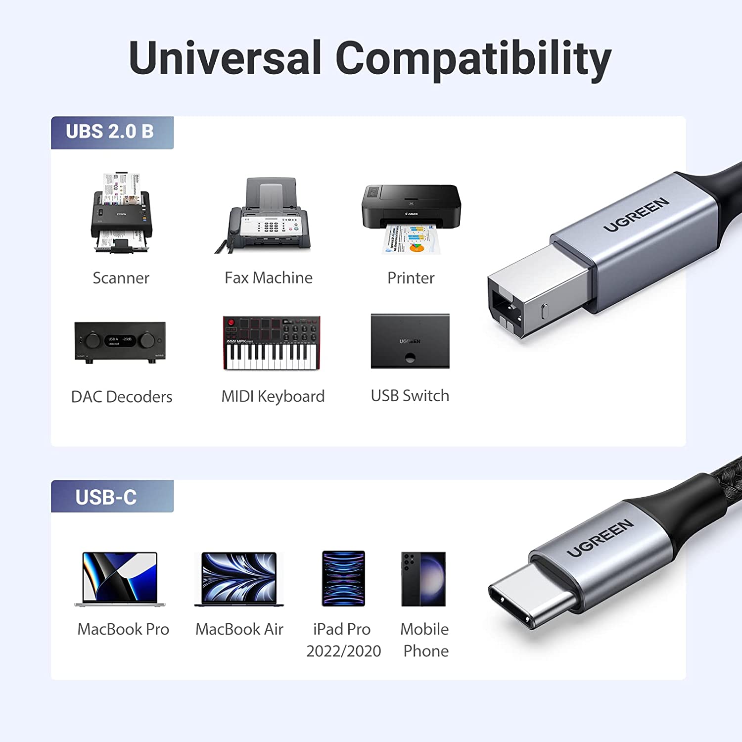 UGREEN USB C Printer Cable to USB B 3 FT
